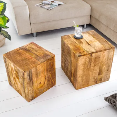 Produktbild von riess-ambiente 2er Set Beistelltisch CURACAO 45cm natur Mangoholz lackiert Würfel massiv Couchtisch Nachttisch