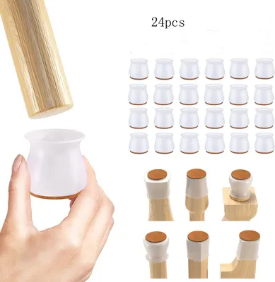 A collage of images showing clear silicone chair leg protectors being applied to wooden chair legs, with a group shot of the protectors and a close-up of one protector.