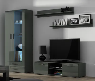 Produktbild von Furniture24 Wohnwand SOHO 11 mit Blauer LED Beleuchtung, Anbauwand, Wohnzimmerschrank, Schrankwand, Vitrine, Lowboard, Hängeregal Grau/Grau Hochglanz