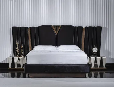 Image de Ensemble de chambre à coucher moderne en bois noir avec tables de chevet élégantes
