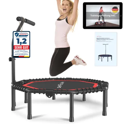 Produktbild von DH FitLife Fitness Trampolin klappbar 45 Zoll 115cm - Leise Gummiseilfederung, Indoor/Outdoor mit 3-fach verstellbarem Griff & ohne Installation