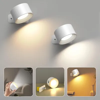 Zdjęcie produktu dla Zestaw 2 sztuk magnetycznych lamp ściennych LED – lampa ścienna, ładowana przez USB, ściemniacz dotykowy, 3 barwy światła, kolor biały