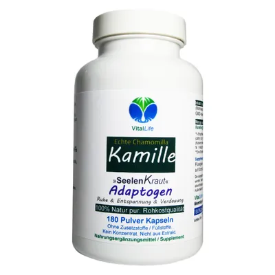 Produktbild von Echte Kamille (Chamomilla) 180 Pulver Kapseln – Hochwertige Kamillenblüten – Natur Pur Ohne Zusatzstoffe