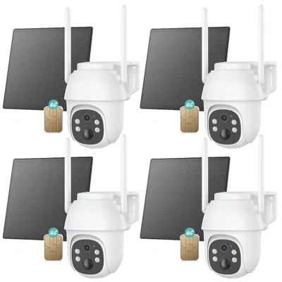 Image de 4 pièces 4G LTE caméra de surveillance extérieure solaire avec carte SIM 2K 3MP PTZ caméra sans fil sans WLAN batterie extérieure 355 °/90 ° pivotant couleur/IR vision de nuit