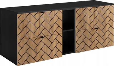 A product shot of a bathroom cabinet with a black top and wood-grain patterned doors.