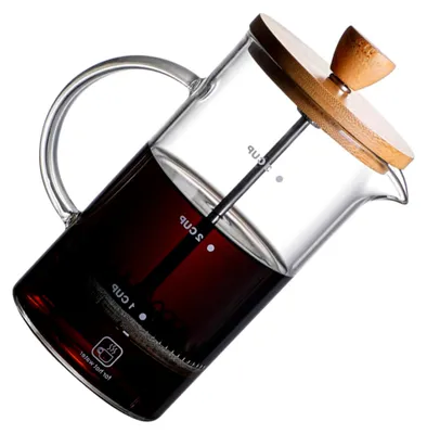 Produktbild von Kaffeepresse aus Borosilikatglas mit Holzgriff, wiederverwendbar und sorgfältig verarbeitet für den Einsatz in Gastronomie und Hotellerie