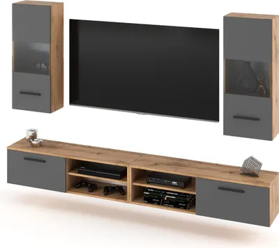 Zdjęcie produktu dla Meblościanka Wisząca Pojemna Szafka Rtv Do Salonu 240Cm Dąb Wotan Szary
