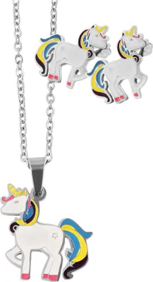 Produktbild von Akzent Schmuckset aus Edelstahl, Kette und Ohrstecker, Einhorn, mehrfarbig