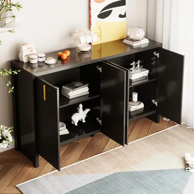 Image de MODFU Buffet - Buffet avec 4 Portes et Tiroirs, Meuble de Rangement Contemporain avec Étagères Réglables 140×38×80 cm, Noir