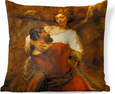 Produktbild von MuchoWow® Zierkissen Sofakissen Wohnzimmer Dekokissen 60x60 cm Jakob im Ringkampf mit einem Engel - Gemälde von Rembrandt van Rijn - Sitzfläche - Foto Polster