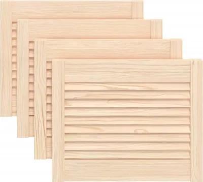 Four wooden louvered cabinet doors stacked together.