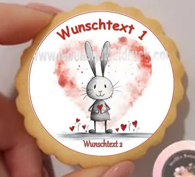 Produktbild von Herz Liebe Hase mit Wunschtext  Keks / Cupcake Aufleger 1 Seite Fondantpapier Premium extraweiß - extraglatt keine - einfach selber ausschneiden 3,8 cm 35 Stk.
