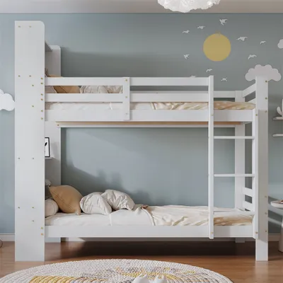 Produktbild von Etagenbett mit Regalen und dreistufiger, rechtwinkliger Leiter, Stauraum-Holzbett, Bettrahmen aus Massivholz, Wei?, 90x200 cm