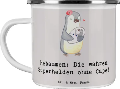Produktbild von Mr. & Mrs. Panda Teetasse Hebamme Superheld - Grau Pastell - Geschenk, Geburtsvorbereitung, Berufe, Teebecher, Berufsliebe, Hebammen, Geburt, Dankbarkeit, Emaille Tasse