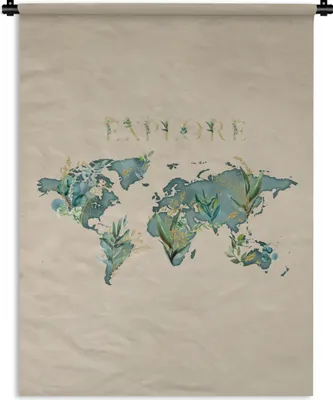 Produktbild von MuchoWow® Wandteppich Wandbehang Weltkarte - Türkis - Pflanzen 150x200 cm Tapisserie Dekoration Wandtuch - Wandaufhängung - Moderner