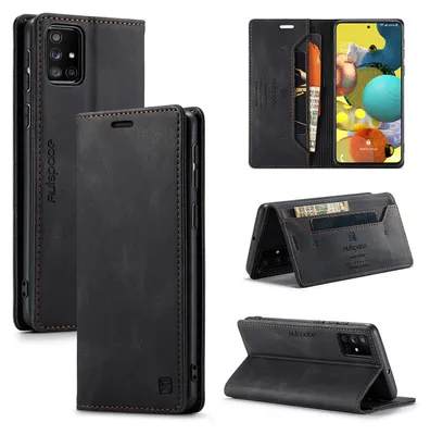 Produktbild von Galaxy A51 Brieftasche Hülle, Retro Kunstledertasche Stand Schutzhülle für Samsung Galaxy A51 Schwarz