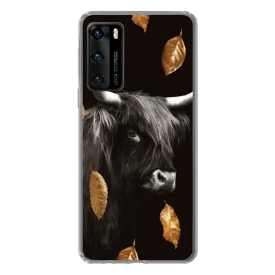 Produktbild von MuchoWow® Handyhülle Schutzhülle Hülle für Huawei P40 Schottischer Highlander - Blätter - Gold - Schwarz Silikon Softcase Handy Hülle - Handytasche