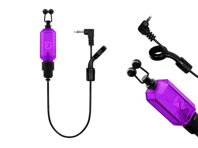 A fishing bite alarm with a purple translucent body and black components, shown against a white background.