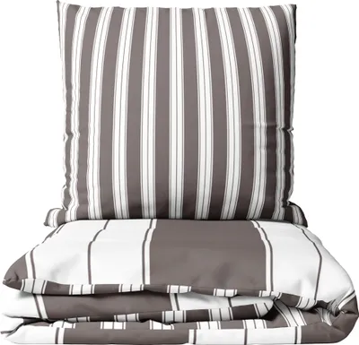 A folded duvet and a pillow with a brown and white stripe pattern.