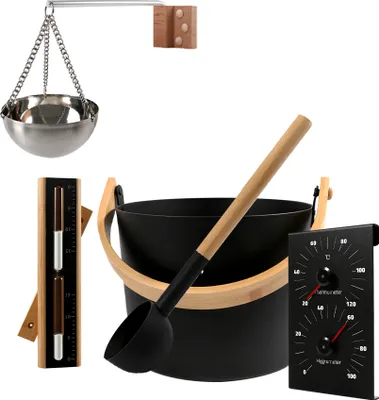 A collection of sauna accessories, including a bucket, ladle, thermometer, hourglass, and hanging bowl.