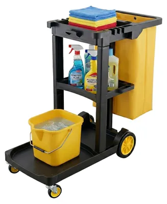 Zdjęcie produktu dla Wózek sprzątający Relaxdays, 3 półki, z workiem na śmieci i uchwytem na miotłę, do 50 kg, wymiary: 96x112x51 cm, wózek do sprzątania, czarno-żółty