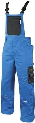 A pair of blue overalls with black accents.