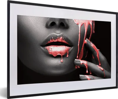Produktbild von MuchoWow® MuchoWow® Gerahmtes Poster Lippen - Rot - Schwarz 60x40 cm - Poster mit zchwarzem Bilderrahmen - Schlafzimmer - Plakat in Rahmen - Drucken