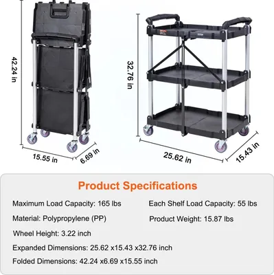 Zdjęcie produktu dla Składany wózek transportowy, udźwig 75 kg, blokowane koła, 25,62 x 15,43 x 32,76 cala