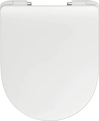 A top-down view of a closed white toilet seat on a white background.