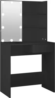 A black vanity table with a mirror and LED lights.
