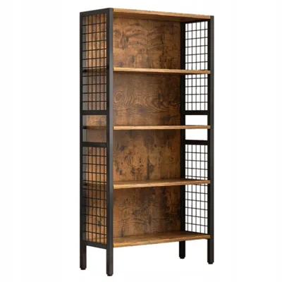 A tall, industrial-style bookshelf with wooden shelves and black metal framing.
