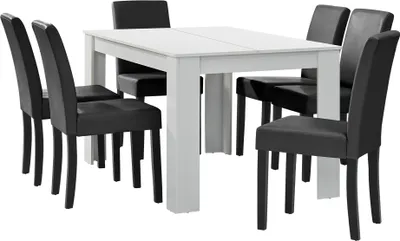 Produktbild von [en.casa] Esstisch weiß matt mit 6 Stühlen dunkelgrau Kunstleder gepolstert 140x90 Essgruppe Esszimmer