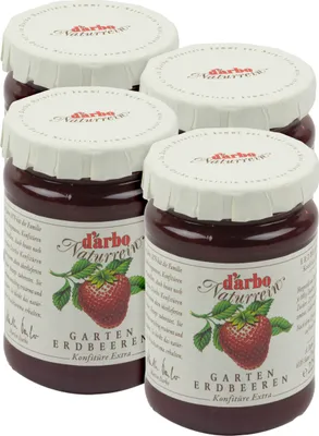 Produktbild von Food-United KONFITÜRE EXTRA Singles Gartenerdbeere-Erdbeere 4x 225g von DARBO Naturrein fruchtiger strawberry jam perfekt für Single-Frühstück Brot und Brötchen Erdbeerkuchen Quark Porridge Puddings