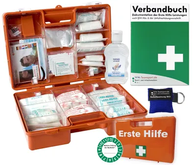 Produktbild von Erste-Hilfe-Koffer M2+ "PRO" nach aktueller DIN 13157 für Betriebe & DIN 13164 für KFZ INKL. Notfallbeatmungshilfe, Verbandbuch & Hygiene-Gel