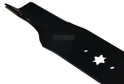 A close-up shot of a black lawnmower blade against a white background.