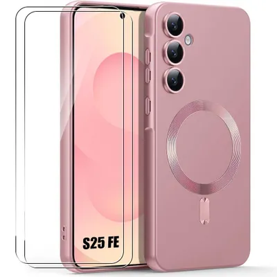 Image de Coque + 2 Verres Trempés pour Samsung Galaxy S25 FE, Protection Anti-Rayures avec Cercle Magnétique - Rose