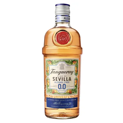 A bottle of Tanqueray Flor De Sevilla 0.0% alcohol-free spirit.