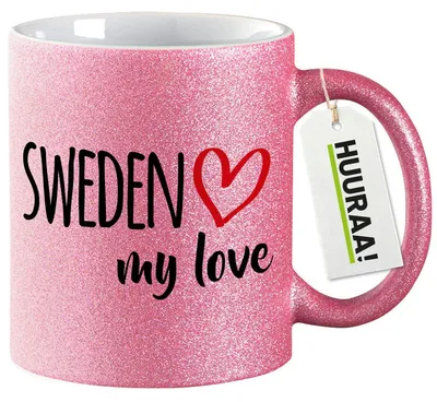 Produktbild von Huuraa Glitzertasse Sweden my love 330ml Pink Keramik Kaffeebecher Geschenkidee