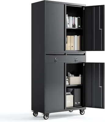 Obrázek produktu pro Skříň na dokumenty, výška 180 cm, kovová skříň na kolečkách, robustní skříň z oceli, 4 dveře, 2 zásuvky a 2 nastavitelné police, uzamykatelná, vhodná do garáže, dílny, kanceláře, černá barva