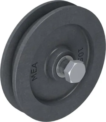 A dark gray pulley with a silver bolt and washer is shown against a light gray background.