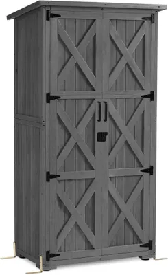 Imagen del producto de Armario de jardín de madera, caseta para herramientas de exterior, cobertizo para herramientas, caseta de jardín pequeña, resistente a la intemperie, para uso en exteriores, balcón o terraza, 55x90x169 cm, modelo 0878 (gris)