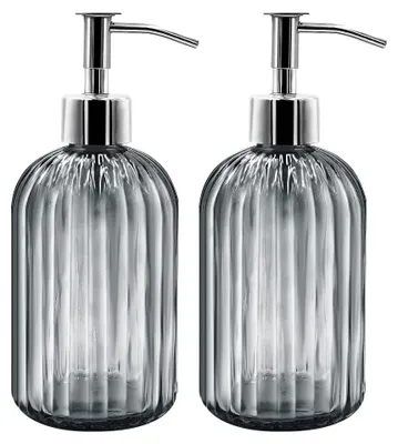 Image de Lot de 2 distributeurs de savon en verre avec pompe, distributeurs de savon liquide de 400 ml pour liquide vaisselle, shampoing et lotion, distributeurs rechargeables pour la cuisine, la salle de bains et la buanderie (gris foncé)