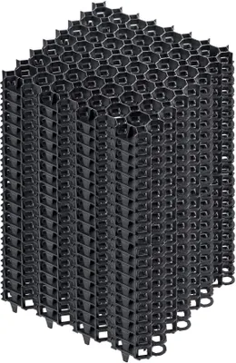 A stack of black plastic grid modules for landscaping or ground stabilization.