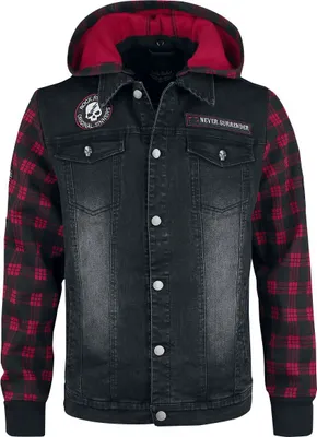 Produktbild von Rock Rebel by EMP Herren schwarz-rot karierte Jeansjacke im Biker-Look mit Never Surrender-Patch XXL