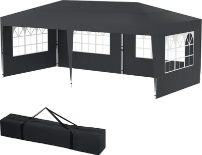 A dark gray pop-up canopy tent with windows and a black carrying bag shown below it, all on a white background.