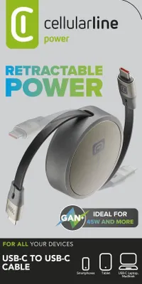 Produktbild von Cellularline – Einziehbares USB-C/USB-C-Kabel, 1 m, USB C, Grau