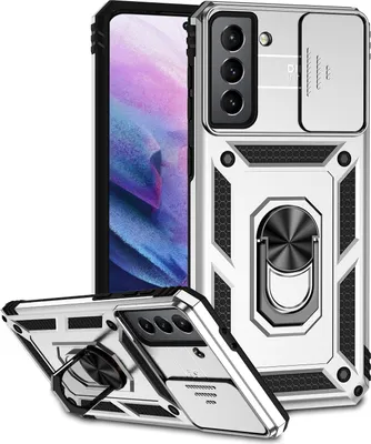 A silver and black rugged phone case with a sliding camera cover and a ring holder stand, shown from multiple angles.
