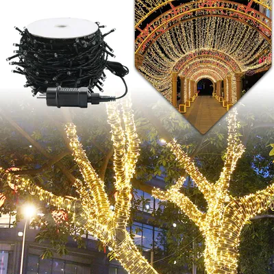 A collage showing a spool of LED fairy lights, an illuminated archway decorated with lights, and trees wrapped in fairy lights.