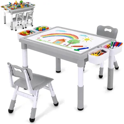 Productafbeelding van Clevich kinderstoel met 2 stoelen, kinderstoel met opbergruimte, tekentafel, grijs