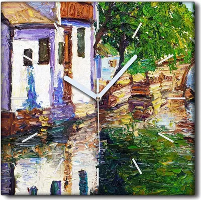 Produktbild von Coloray Uhr auf Leinwand 30x30 cm Wand Uhr Dekoration Wohnzimmer Segeltuch weiße Zeiger -Dorfbootlandschaft.